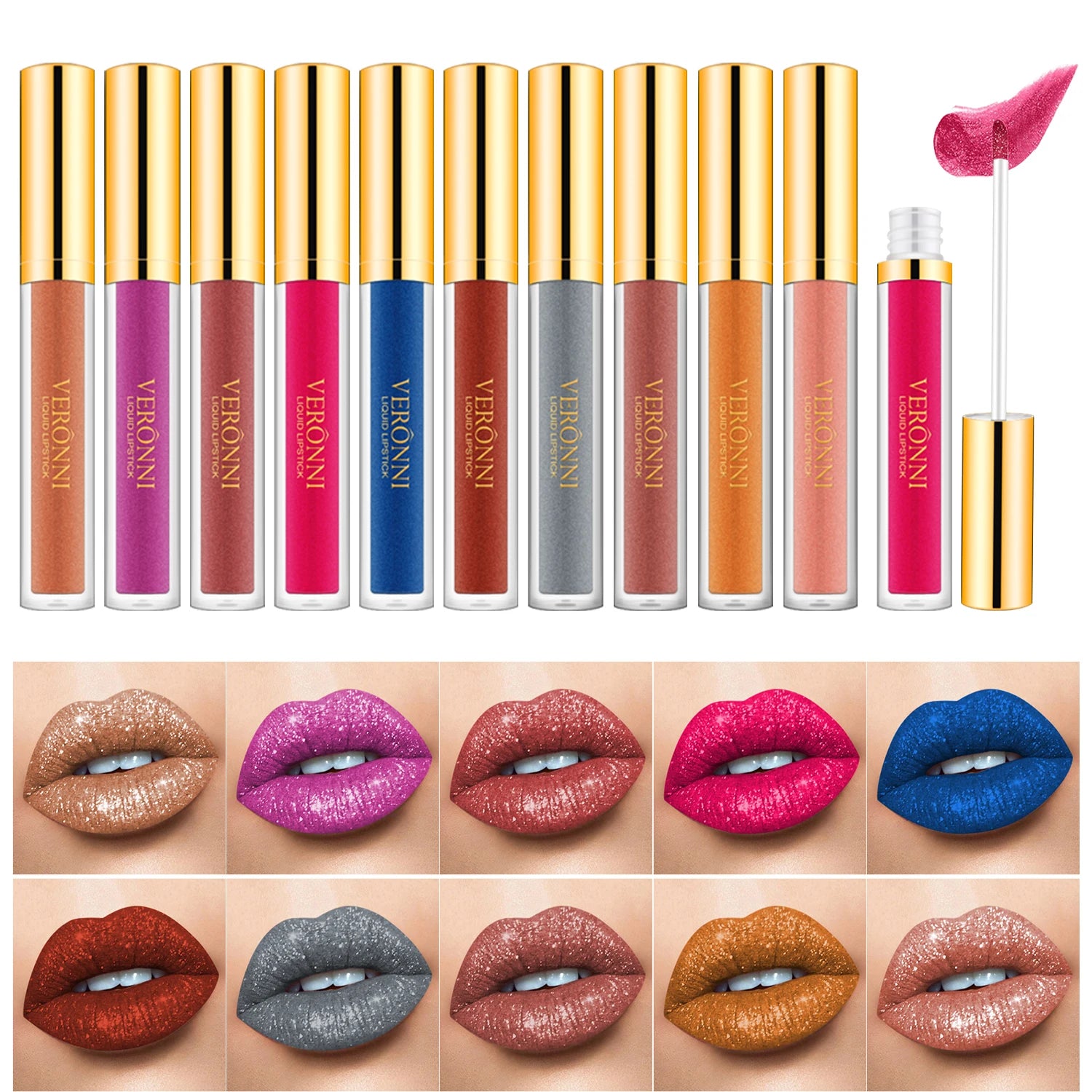 Lápices labiales líquidos con purpurina de 10 colores, brillo de labios brillante, tinte de labios nacarado, resistente al agua, brillo de labios de diamante mate de larga duración