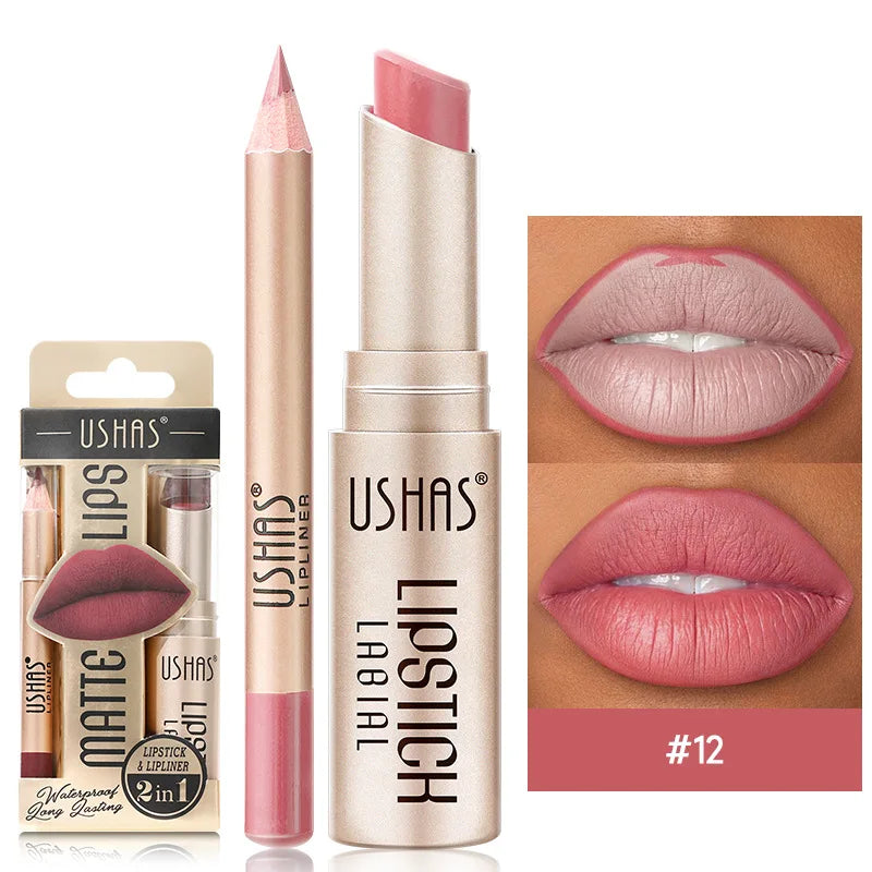 USHAS 12 colores delineador de labios + juego de lápiz labial fácil de colorear lápiz labial mate lápiz labial rojo nude de larga duración