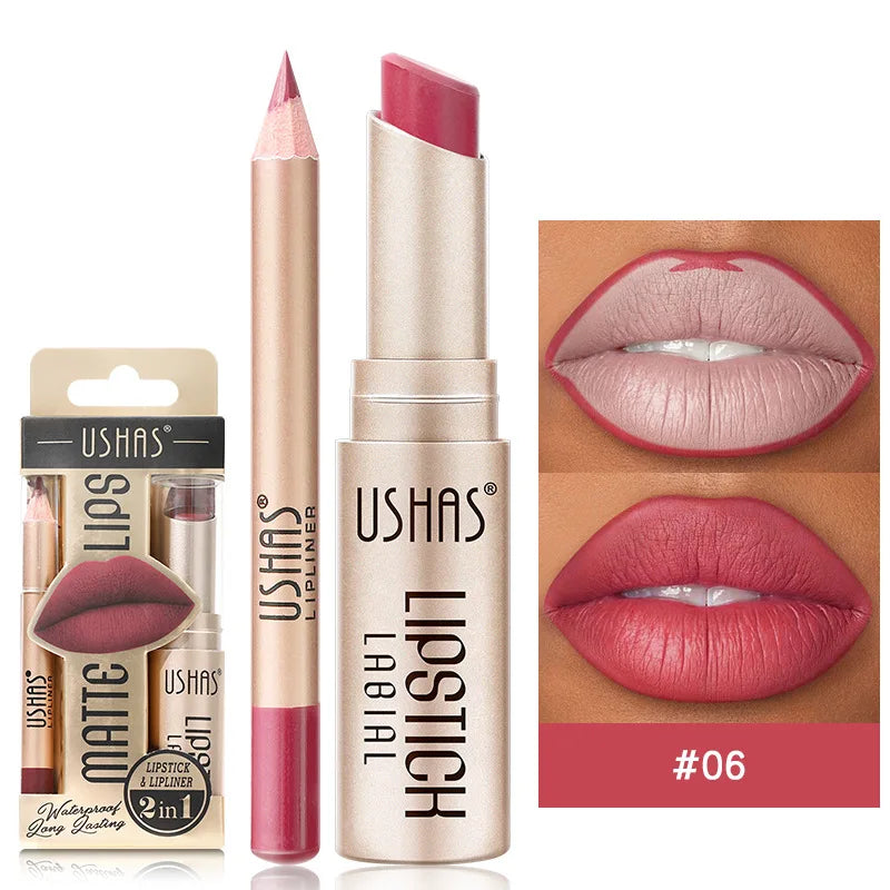 USHAS 12 colores delineador de labios + juego de lápiz labial fácil de colorear lápiz labial mate lápiz labial rojo nude de larga duración