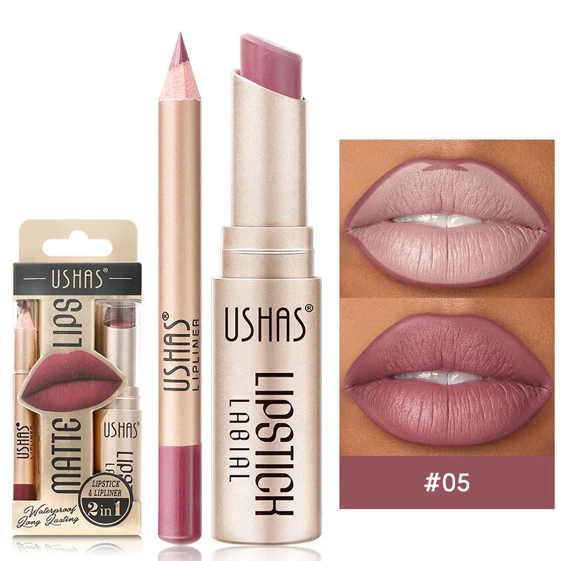 USHAS 12 colores delineador de labios + juego de lápiz labial fácil de colorear lápiz labial mate lápiz labial rojo nude de larga duración