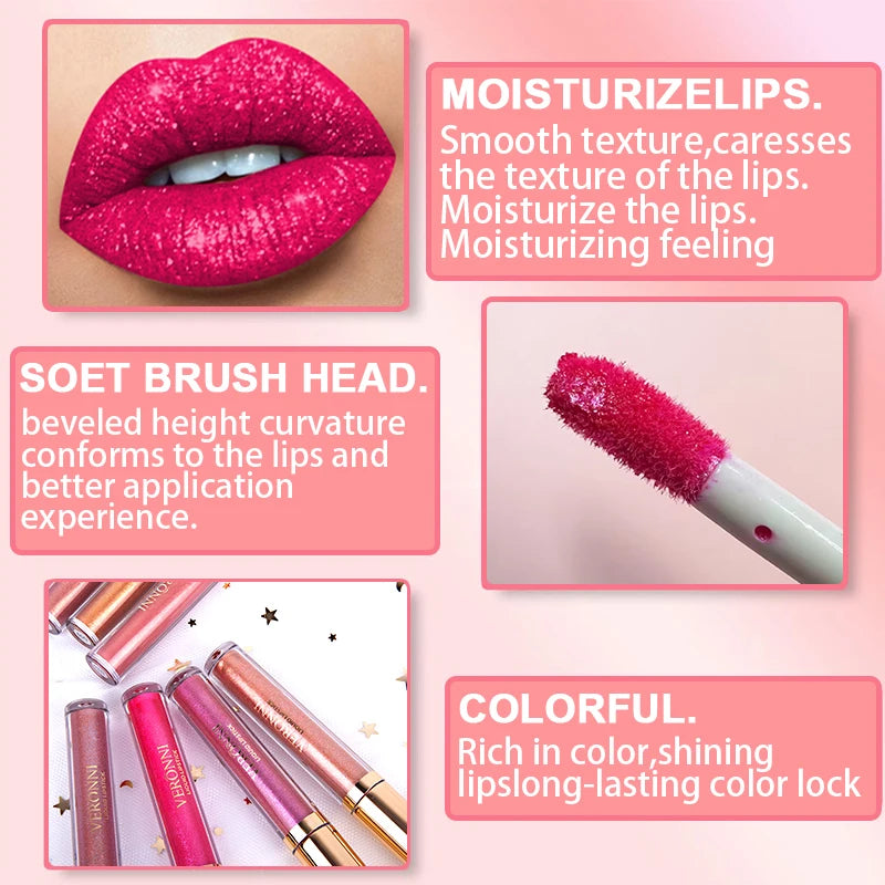 Lápices labiales líquidos con purpurina de 10 colores, brillo de labios brillante, tinte de labios nacarado, resistente al agua, brillo de labios de diamante mate de larga duración